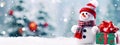 Banner card with a Happy New Year and Merry Christmas with space for text. Snowman with gift boxes on a winter background