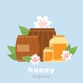 Banner or card template for organic apiary honey, flat vector illustration.