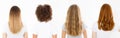 Banner Caucasian and afro woman hair type set back view isolated on white background. African curly hairstyle, ombre and wavy Royalty Free Stock Photo