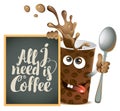 Banner with cheerful cup of coffee and blackboard
