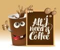 Banner with cheerful cup of coffee and blackboard