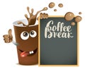 Banner with cheerful cup of coffee and blackboard