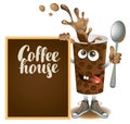 Banner with cheerful cup of coffee and blackboard