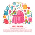 Banner with childhood`s pattern. Newborn staff for decorating flyers. Design templates for card, invitation with clothes