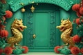 A banner for the Chinese New Year with two golden dragons on a green background. Generavite by ai