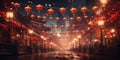 Banner with chinese old street with lanterns and flowers. Chinese New Year concept. Shallow depth of field Royalty Free Stock Photo