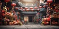 Banner with chinese old street with lanterns and flowers. Chinese New Year concept. Shallow depth of field Royalty Free Stock Photo