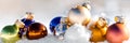 Banner, christmas balls or baubles in the snow, colorful winter decoration