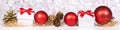 Banner, Christmas Balls, Gift box and fir cones with sparkling background Royalty Free Stock Photo