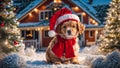 christmas cute dog wearing santa hat scenery cozy small friendly pup