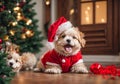 christmas cute dog wearing santa hat scenery cozy small friendly pup season