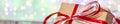 Banner of Christmas gift box against bokeh background. Holiday greeting card Royalty Free Stock Photo