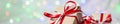 Banner of Christmas gift box against bokeh background. Holiday greeting card Royalty Free Stock Photo