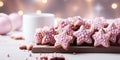 Banner of Christmas gingerbread cookies adorned with sweet pink icing. Cup of coffee and bokeh lights Royalty Free Stock Photo