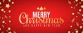 Banner for Christmas. Golden stars with serpentine and balls on a red background. Stylish lettering. Festive poster for your Royalty Free Stock Photo