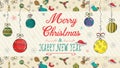 Banner Christmas new year outline color sketches for decoration design style childrens Doodle toys balls hanging on strings with a