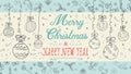 Banner Christmas new year outline sketches for decoration design style childrens Doodle toys balls hanging left and right on the