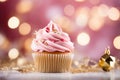 Banner with Christmas pink cupcake with pink whipped cream or cream, golden sprinkles