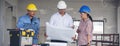 Banner Civil construction engineer team meeting on construction site with partner teamwork trust team consult together. Panorama