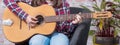 Banner close up of hands teenager girl playing guitar