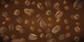 A banner of coffee beans close-up flying on a brown background. Levitation of coffee beans