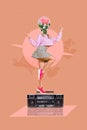 Banner collage image of hipster lady with floral light bulb dancing up boom box on pastel color background Royalty Free Stock Photo