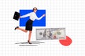 Banner collage placard of cheerful girl going office work earning money success wealth isolated on drawing checkered