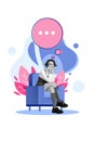 Banner collage sketch of minded lady sit house cosy armchair think dream look empty space isolated on drawing blue color
