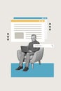 Banner collage sketch of retried man sitting home comfy chair use netbook search information isolated on drawing Royalty Free Stock Photo