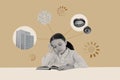 Banner collage sketch retro pop artwork of dreamy minded tired girl sitting desk reading encyclopedia learn homework Royalty Free Stock Photo