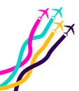 Banner with colorful airplanes. business avia card with four airplanes with tapes. Travel of airplane, for travel agencies.vector