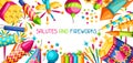 Banner with colorful fireworks. Different types of pyrotechnics, salutes and firecrackers Royalty Free Stock Photo