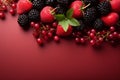 A banner with colorful fresh berries on red background. Advertisement for market, farmer or vegan concept. Copy space