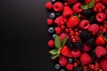A banner with colorful fresh berries on black background. Advertisement for market, farmer or vegan concept. Copy space