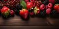 A banner with colorful fresh berries on brown background. Advertisement for market, farmer or vegan concept. Copy space