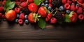 A banner with colorful fresh berries on dark wooden background. Advertisement for market, farmer or vegan concept. Copy space