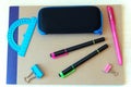 Banner concept Back to School, pencil, Notebook, eyeglass case, pencil case, accessorie. Top View Flat Lay Royalty Free Stock Photo