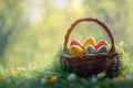 banner concept for easter featuring a basket of painted eggs in grass, ideal for promotions or personal messages Royalty Free Stock Photo