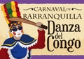 Brunette Congo Dancer Holding a Wooden Machete Celebrating Barranquilla`s Carnival, Vector Illustration