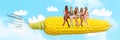 Banner. Contemporary art collage. Group of girls different ethnicities sitting on corn and drinks cocktails against