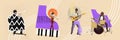 Banner. Contemporary art collage. Talented people, man and woman playing on musical instruments piano, drums, guitar and