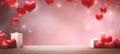 Banner with copy space for Valentines Day or romantic occasions. Red heart balloons and candles on a pink glowing Royalty Free Stock Photo