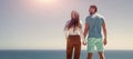 Banner of couple in love embracing on sea beach, young family looking far. Travel vacation. Happy man and woman holding Royalty Free Stock Photo