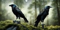 Banner Creepy black crow croaking in misty dark forest on full moon night. Royalty Free Stock Photo