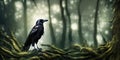 Banner Creepy black crow croaking in misty dark forest on full moon night. Royalty Free Stock Photo
