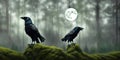 Banner Creepy black crow croaking in misty dark forest on full moon night. Royalty Free Stock Photo