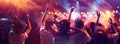 Banner. crowd of young attractive people, students on summer music festival dancing and singing in neon light and stage Royalty Free Stock Photo