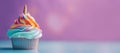 Banner with Cupcake with rainbow colored frosting and unicorn horn. Generative AI Royalty Free Stock Photo