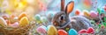 Banner cute bunny with colorful easter eggs in nest , spring and festive background Royalty Free Stock Photo