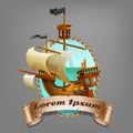 Banner of cute cartoon pirate ship. Royalty Free Stock Photo